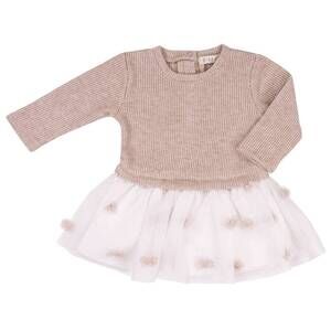 NEW EMC girls rib-knitted with lurex and plumetis voile dress in beige